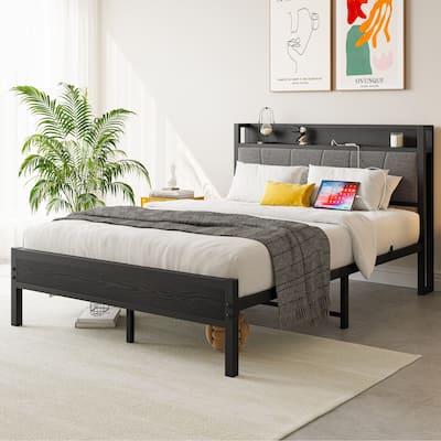 Grey Metal & Wood Full Size Platform Bed Frame with Storage Headboard and Charging Station, Solid and Stable, Noise-Free