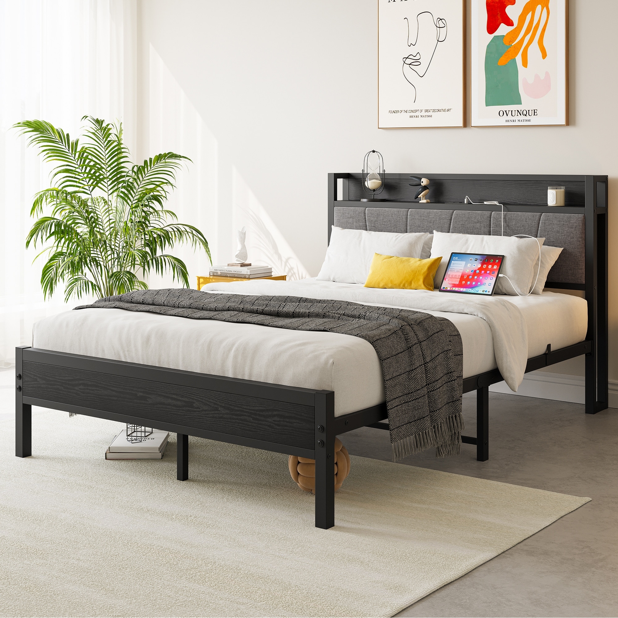 Metal Platform Bed with Shelf & Charging Station, Black