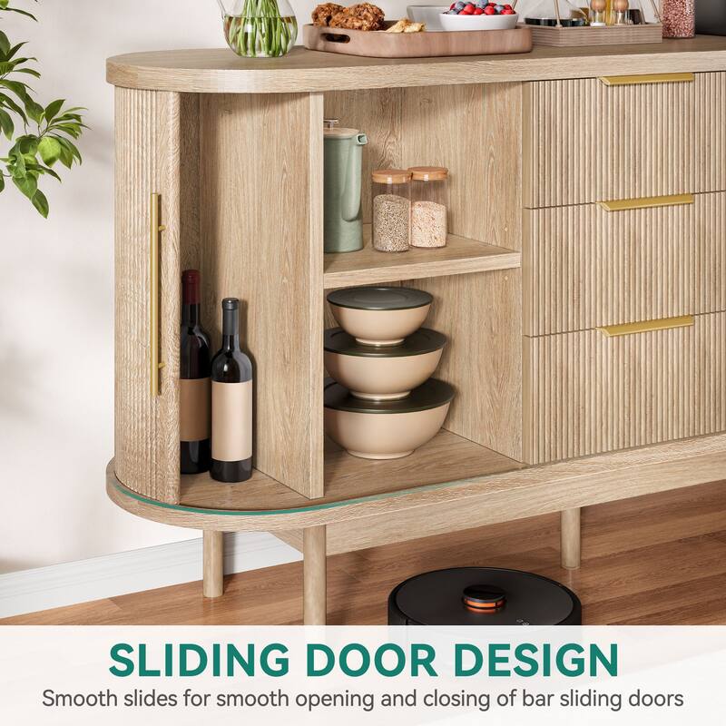 Moasis 55" Mid-Century Modern Fluted Sideboard Coffee Bar Storage Cabinet w/3 Drawers and Sliding Doors
