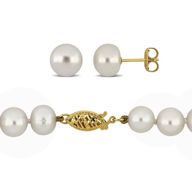 Miadora 7.5-8mm Cultured Freshwater Pearl Necklace Stud Earrings 10K Yellow Gold - 16 in