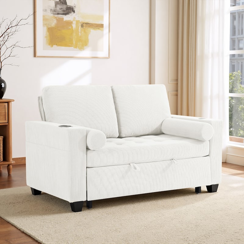 Corduroy Convertible Loveseat Sofa Bed Recliner with Cup Holder, USB Ports & Storage - Beige