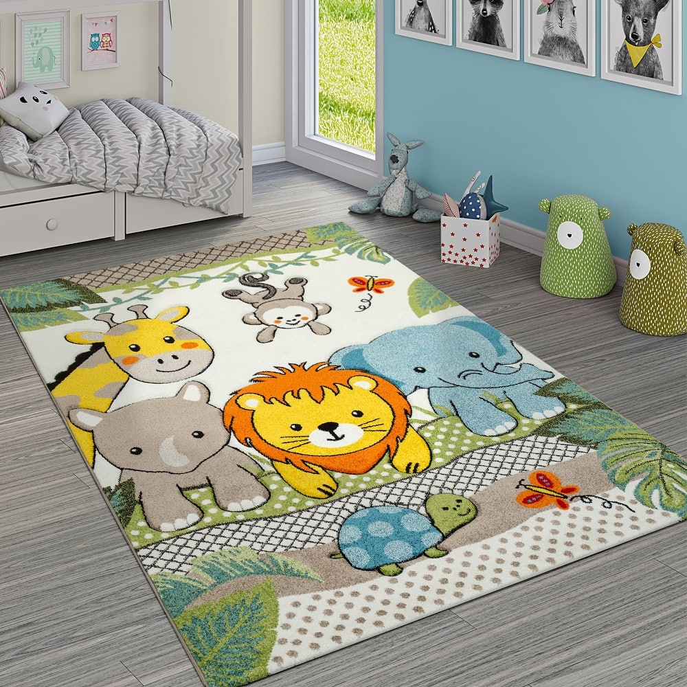 Kids Room Rug Cute Zoo Animals Jungle in 3D Effect for Nursery