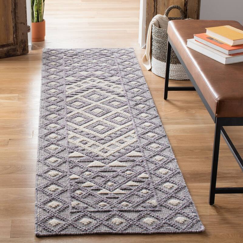 SAFAVIEH Handmade Natura Candica Transitional Geometric Cream/Purple Wool Rug - 2'3" x 8' Runner - Cream/Purple