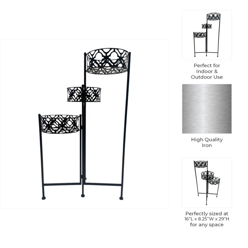 Metal Iron Plant Stand Intricate Frame Garden Decor - 29" Black - 16" x 8.25" x 29"