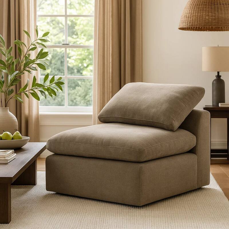 Scott 45 Inch Modular Armless Chair with Loose Pillow Back, Fabric, Beige