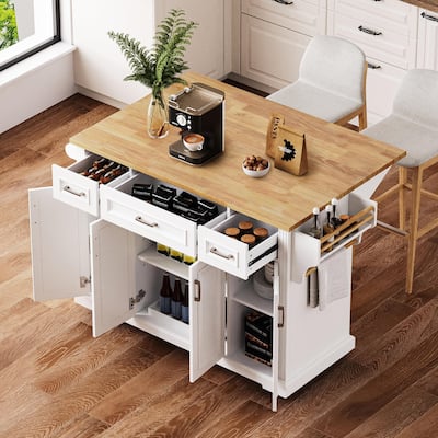 Rolling Kitchen Island with Drop Leaf, Kitchen Island Cart on Wheels, Moveable Island Table with 4 Doors Cabinet & 3 Drawers