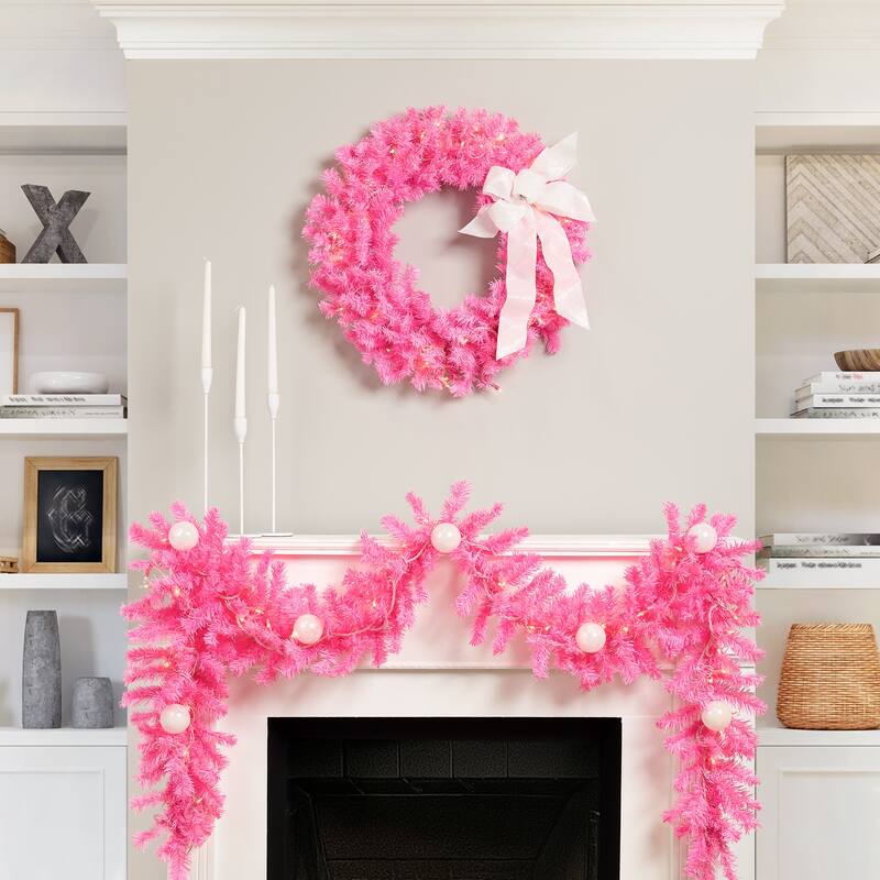 Pre-Lit Artificial Pine Christmas Wreath - 24" - Pink- Clear Lights