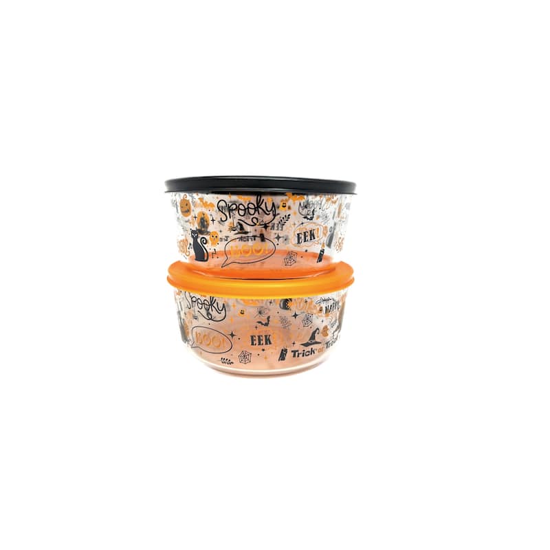 Halloween Glass Food Storage Containers with Spooky Design, BPA-Free Lids, Microwave & Dishwasher Safe - 2-Piece-4-Cup