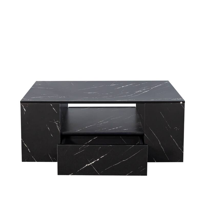 LED Coffee Tables for Living Room, Medium Storage Coffee Table, Wood Center Table with 2 Drawers and Open Side Shelf