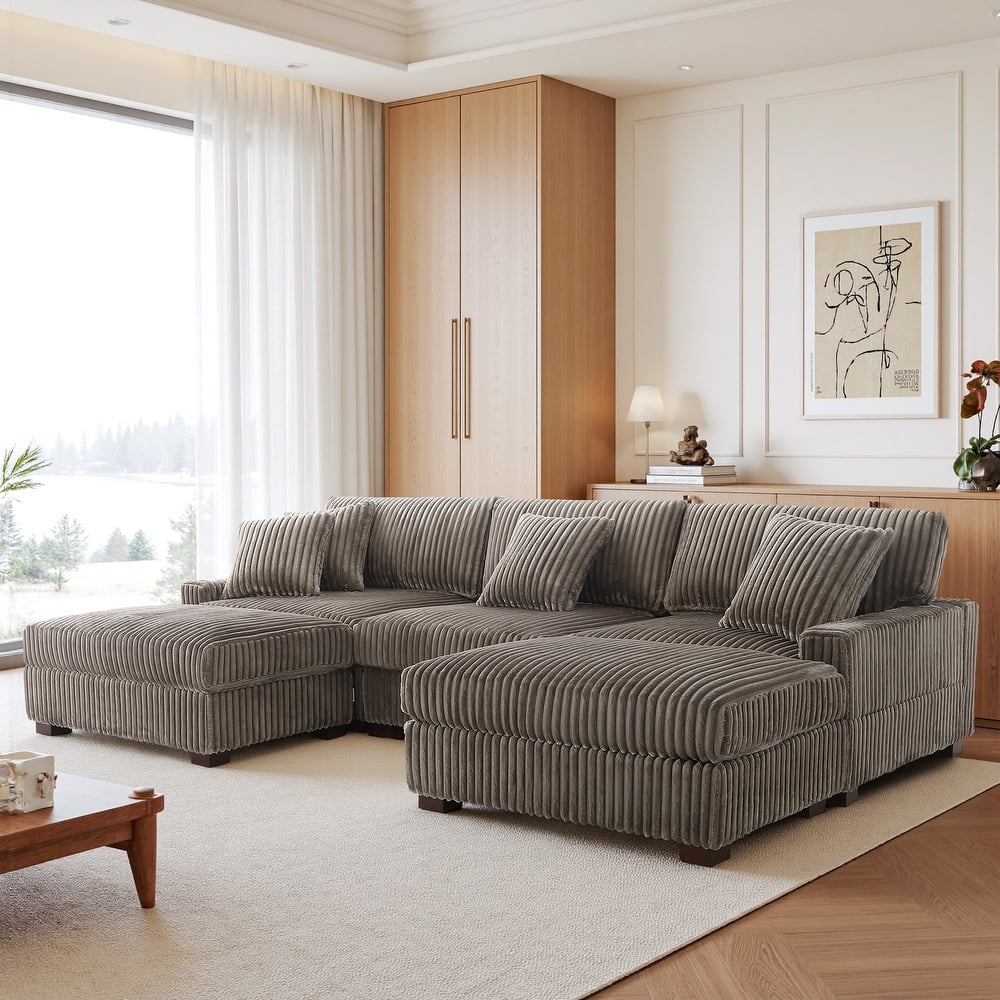 Mia 114" W Oversize Plush Corduroy Modular Sectional Sofa With Ottoman - 114" W