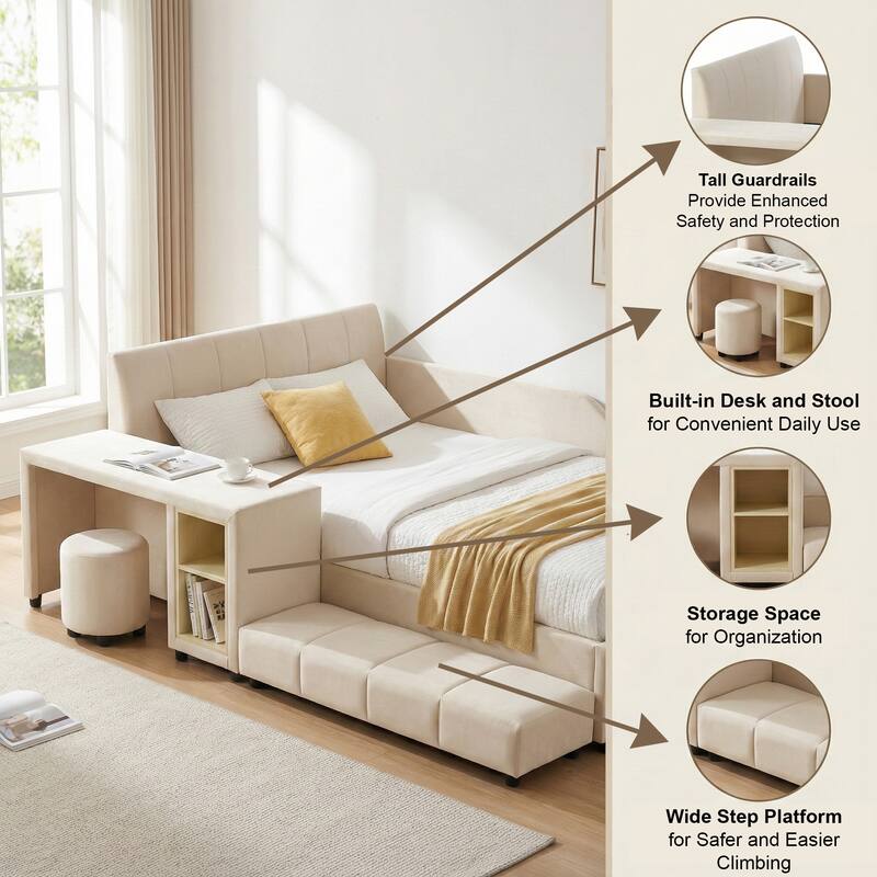 Roomfitters Full/Queen Size Upholstered Grounded Platform Bed with Bedside Desk and Round Stool, Velvet Fabric Bed Frame