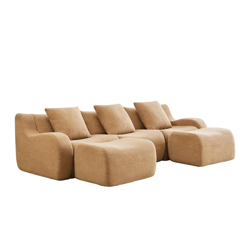 Sectional Couches for Living Room U-Shaped Boneless Couch, 3-Seat Sofa with Movable Ottoman, Floor Modular Teddy Fabric Sofa