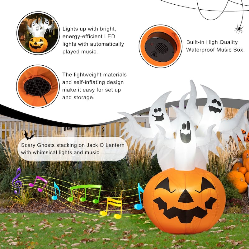 Glitzhome 6FT Lighted 3 Screaming Ghosts In Pumpkin Inflatable Decor