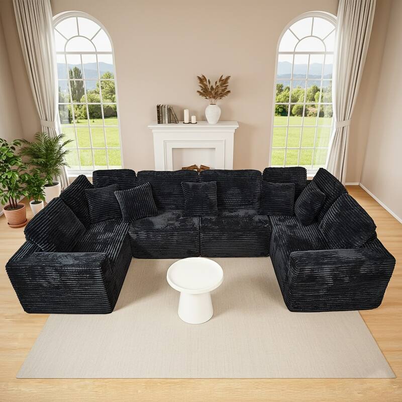 135.5" Striped Corduroy Modular U-Shaped Sectional Sofa with Pillows - Black
