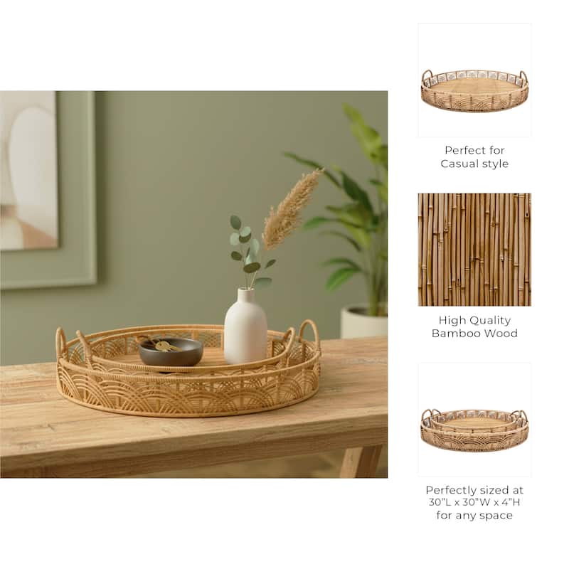 Bamboo Wood Round Handled Serving Trays Set of 2 - 24", 30", Brown