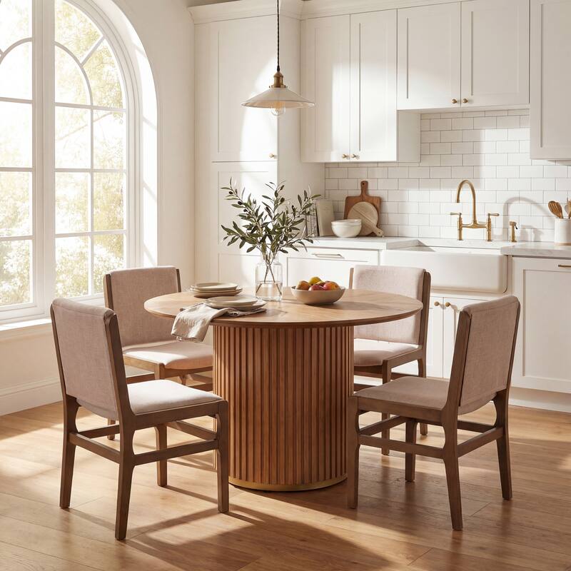 Christopher Knight Home - Mid-Century Modern 5-Piece Round Pedestal Dining Set with Upholstered Armless Dining Chairs - Walnut+Beige Chair - Light Ash Table