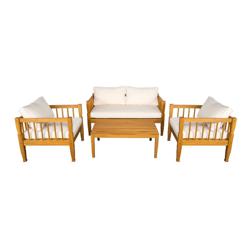 Roomfitters 4-Piece Acacia Wood Patio Furniture Set, Seating Conversation Set with 4-Inch Thick Cushions and Coffee Table