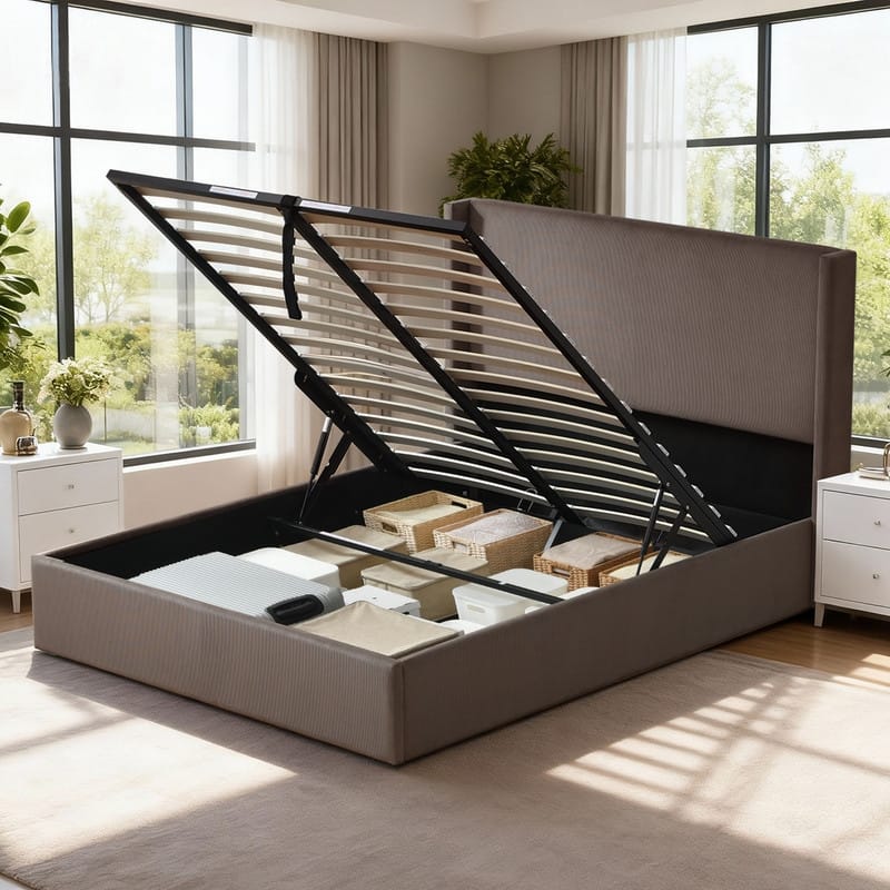 Lift Up Storage Platform Bed with Minimalist Headboard