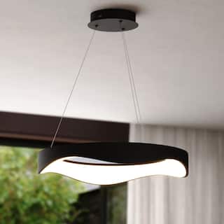 Bowen 1-Light Black Contemporary Round Chandelier, White Frosted Shade, LED Pendant Fixture Dining Table Entryway Island