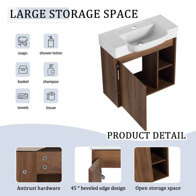 24'' Wall-Mounted Bathroom Vanity with White Ceramic Sink & Soft-Close Door, KD-Packing