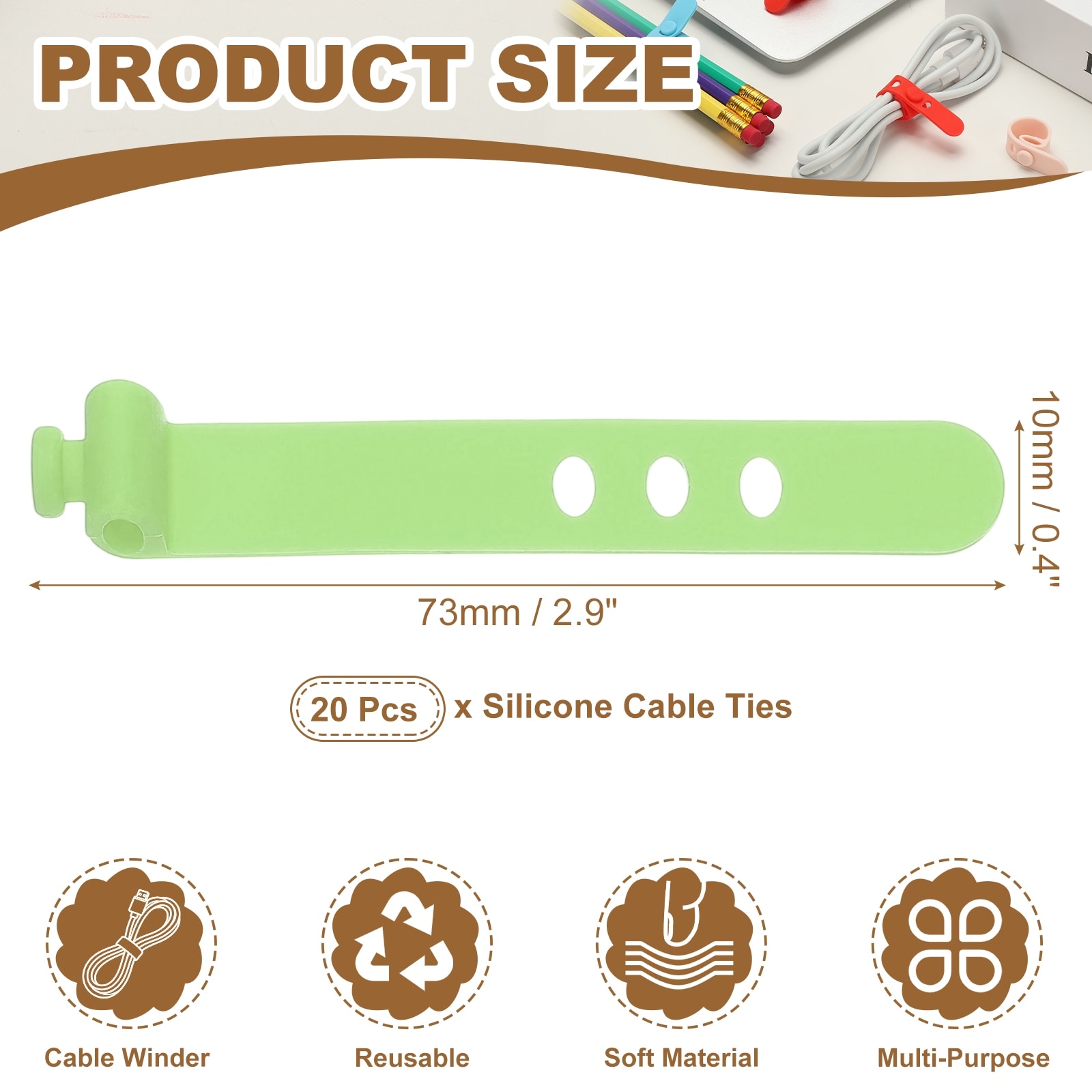 Silicone Cable Ties, Reusable Rubber Cord Tie Adjustable Elastic Cord Wraps with Locking Buckle