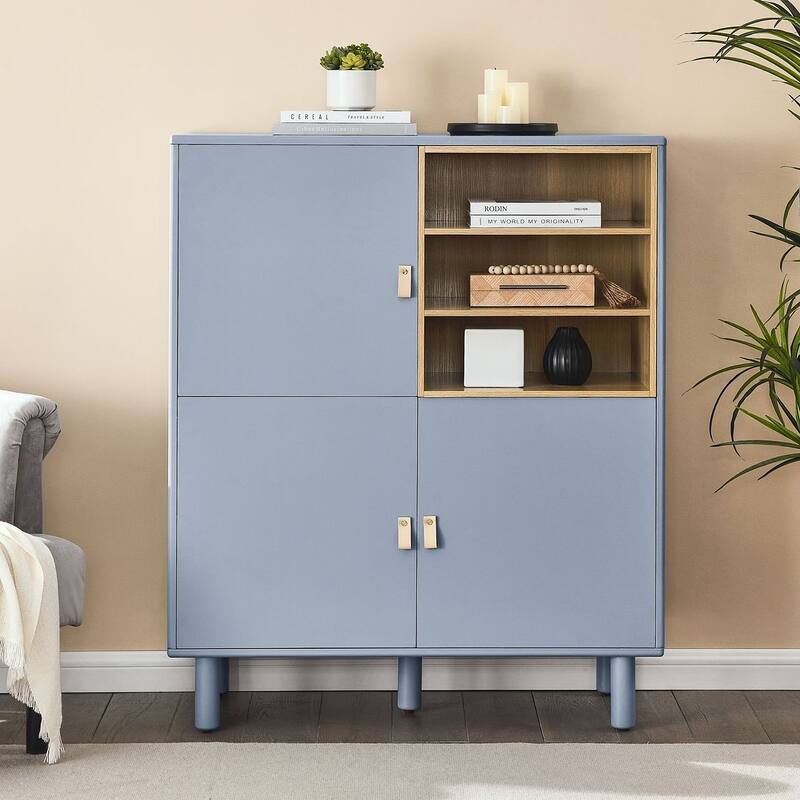 3 Doors Wooden Cabinet with Leather Handle - Blue