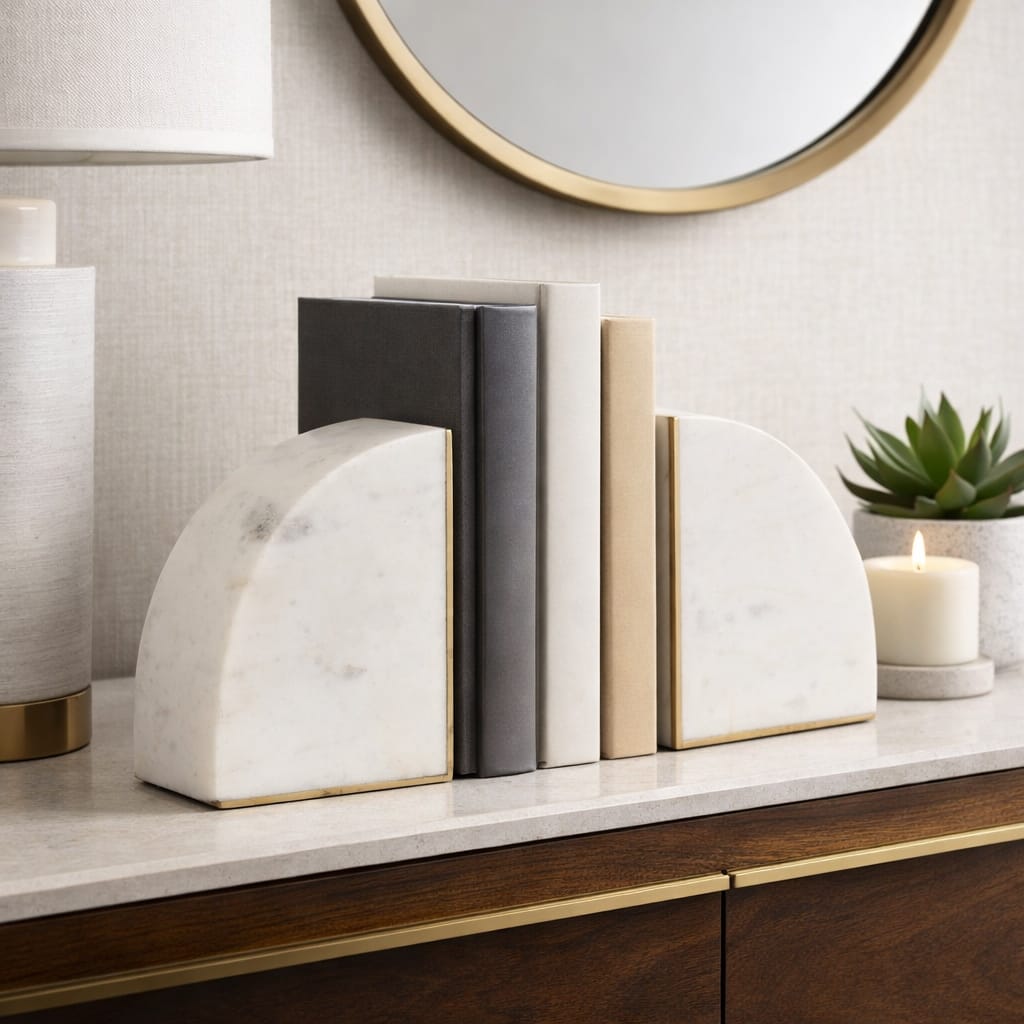 Marble Modern Pie Bookends Set of 2 - White, 5" - 5.0"