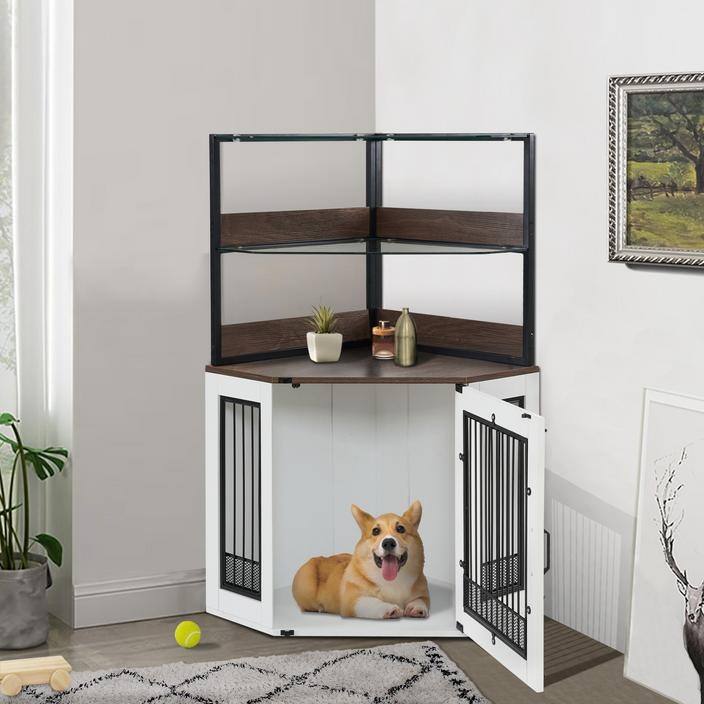 MCombo Corner Dog Crate Furniture with Glass Shelves, Wooden Dog Kennel Furniture with Door, Pet Crate Indoor Use, CN28 - Small - White and Brown