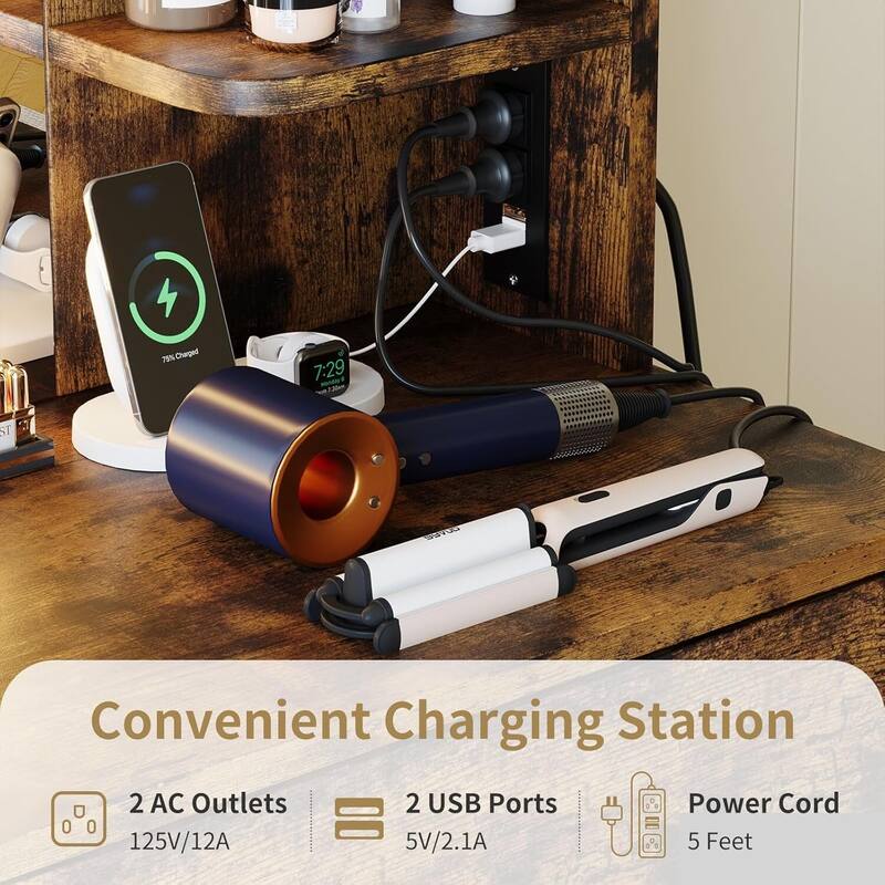 2 Drawers 6 Shelves Dressing Table, Makeup Vanity Desk with Mirror and Lights for Bedroom