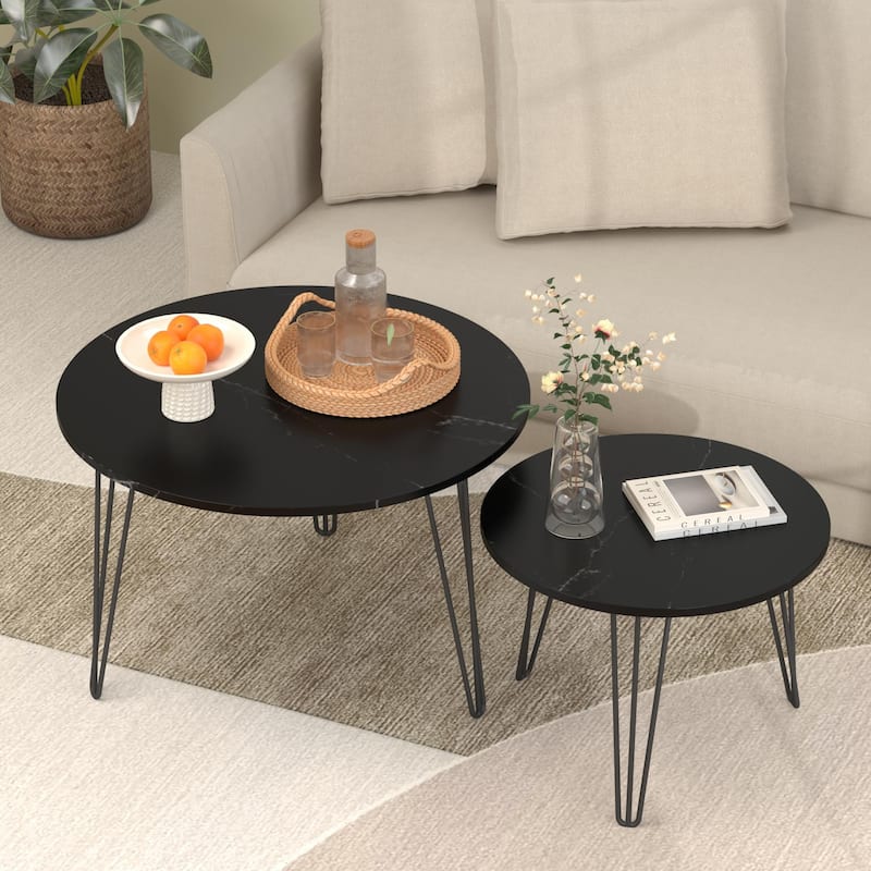 Anmytek Set of 2 Nesting Round Coffee Tables with Marble Effect Top & Hairpin Legs, Black Industrial Modern Side Tables - Black