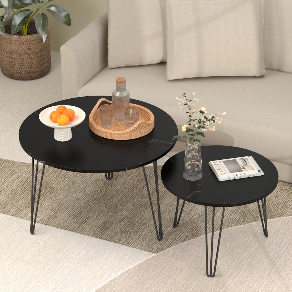 Anmytek Set of 2 Nesting Round Coffee Tables with Marble Effect Top & Hairpin Legs, Black Industrial Modern Side Tables