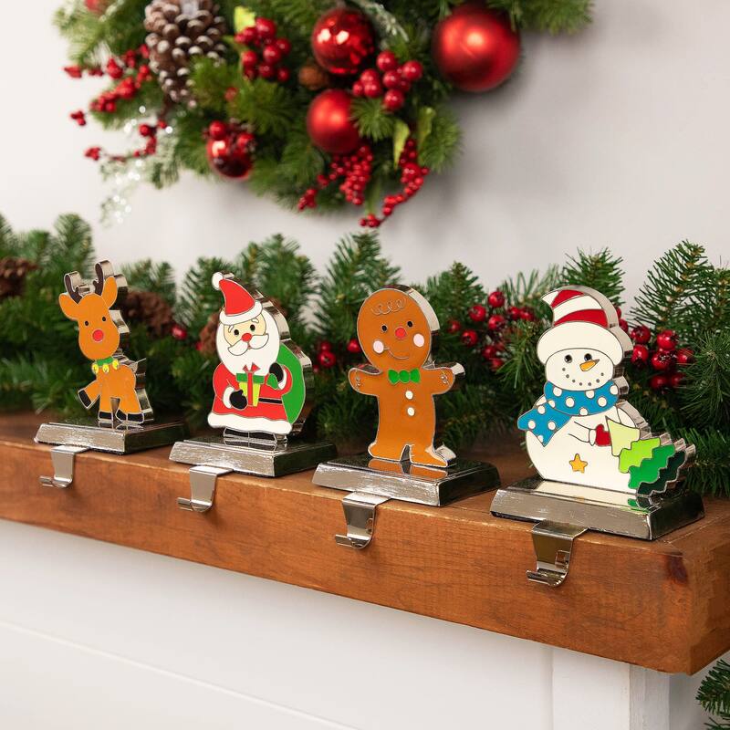 Set of 4 Christmas Figures Stocking Holders with Silver Base