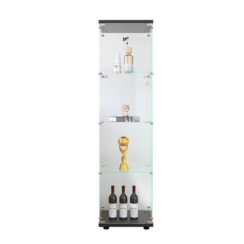 Tempered Glass Display Cabinet 4 Shelves with Door and Lock, Floor Standing Curio Bookshelf for Living Room Bedroom Office - Black