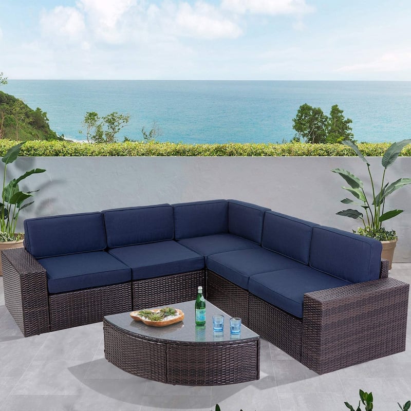 SUNCROWN Outdoor 6-piece Rattan Sectional Sofa Set - Blue