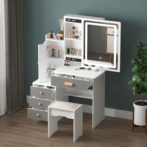 4-drawer Makeup Organizer Vanity Table Set with LED-lit Mirror