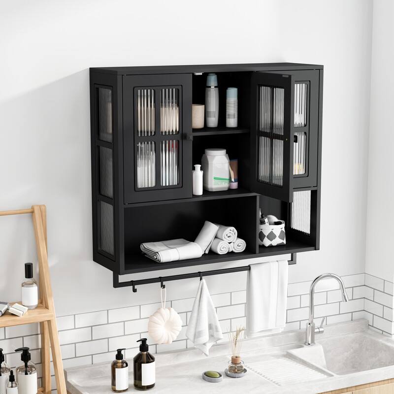 3-Door Wall Cabinet with Fluted Glass & Towel Bar, Modern Storage Solution