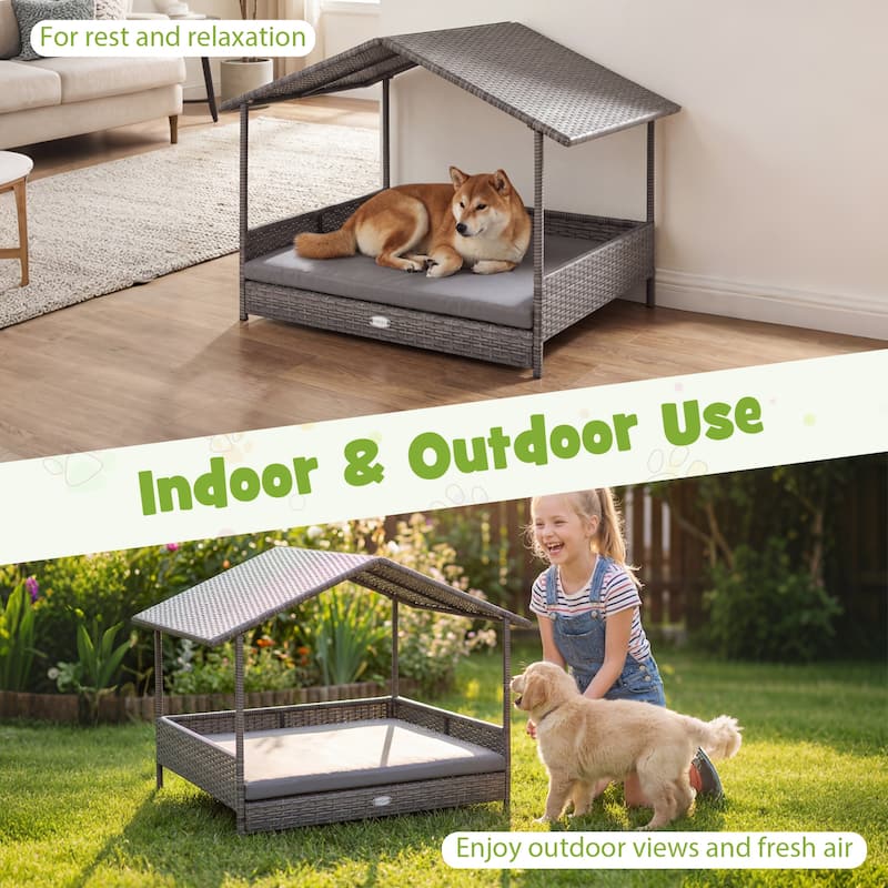 Gymax Wicker Dog House w/ Canopy PE Rattan Dog Bed Waterproof - Gray