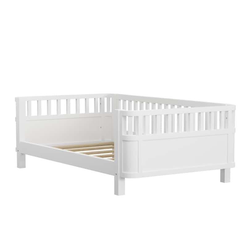 Twin Size Wood Platform Bed w/ Rails for Girls Boys - White