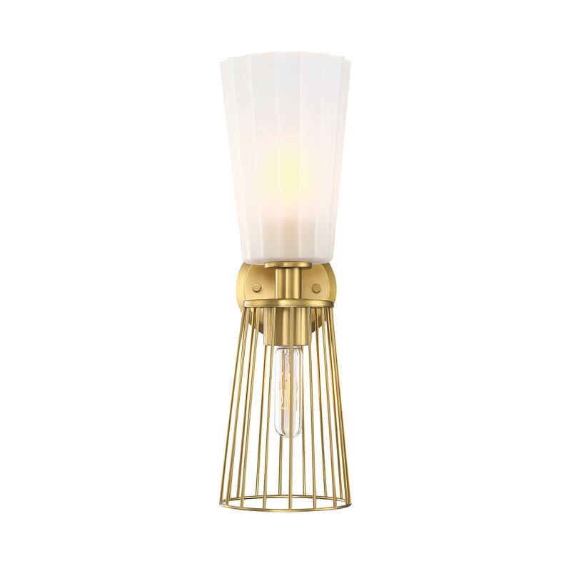 Liana 6 in. 2-Light Brushed Gold Wall Sconce Light with a Combination of Etched Glass and Wire Cage Shades for Bathrooms