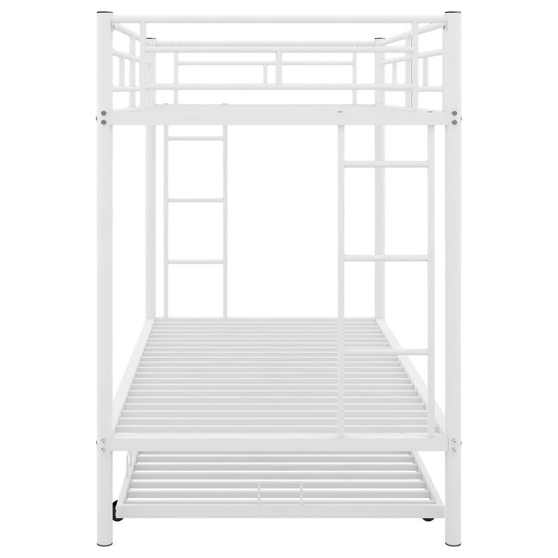 Twin over Twin Size Metal Bunk Bed with Trundle, Ladder and Fence for Bedroom