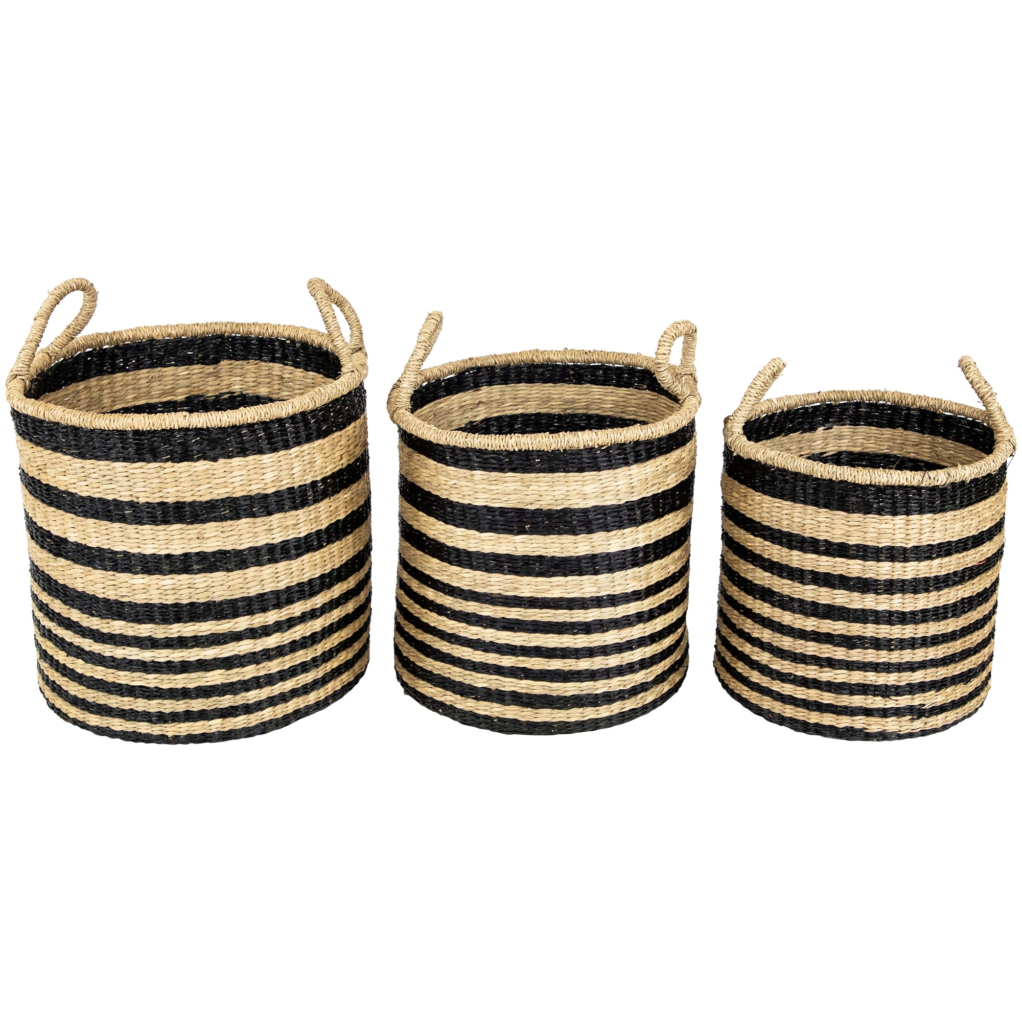 3 Khaki Black Woven Seagrass Striped Storage Baskets Handles 15.25"