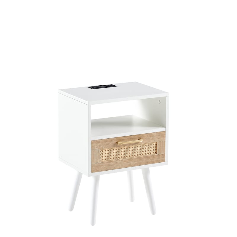 15.75"Rattan End table with Power Outlet &USB Ports，Modern nightstand with drawer and solid wood legs,side table for living room