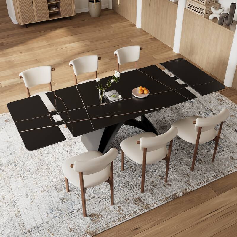 63-95"Extendable Modern Dining Table for 6-10, Black Sintered Stone Tabletop