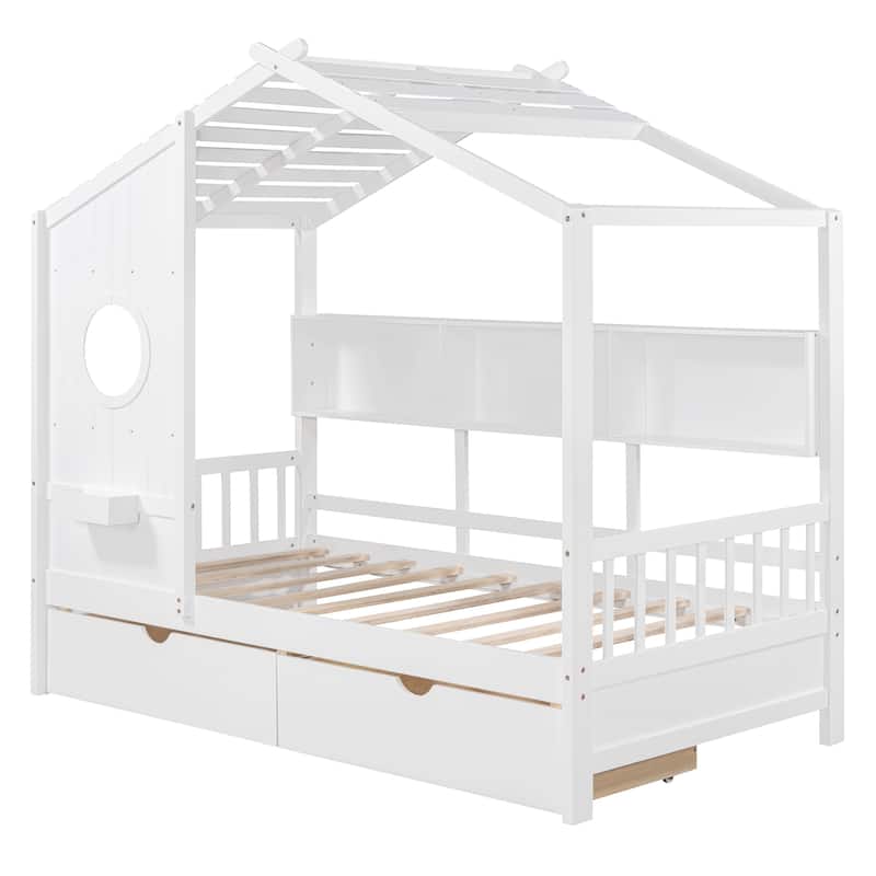 Twin Wooden House Bed with Roof, Drawers, and Shelf