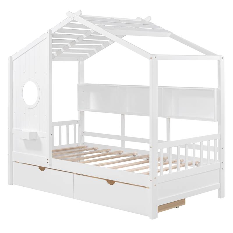 Wooden House Platform Bed with 2 Drawers and Storage Shelves, Kids Playhouse Bed Frame with Roof and Window Design