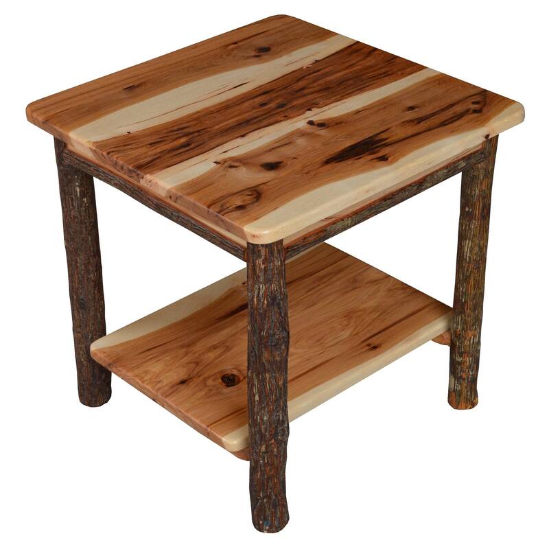 Hickory Log Solid Wood End Table - With Shelf - Rustic Hickory