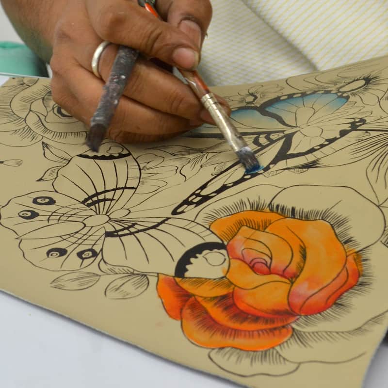 Handpainted Leather Ladies Coin pouch - Floral Paradise Tan - Multi