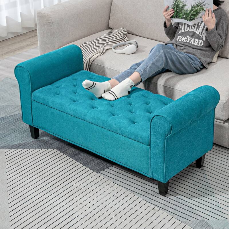 Storage Ottoman Bench, Upholstered End of Bed Bench with Rolled Arms, Wood Legs, Button Tufted Storage Bench with Safety Hinges