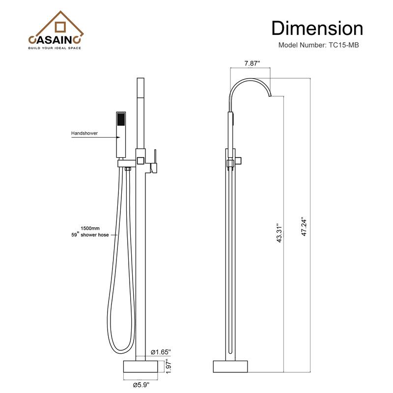 CASAINC Single-Handle Floor-Mounted Bathtub Faucet High Flow Bathroom Tub Filler with Hand Shower