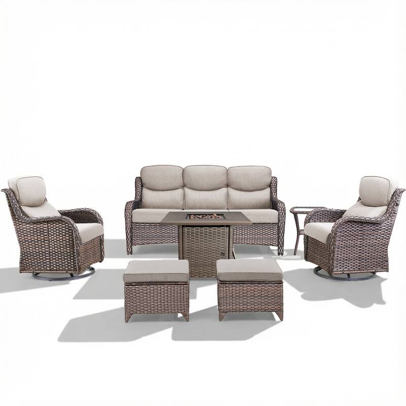 Pocassy Outdoor Propane Fire Table with Sofa Swivel Chair Ottoman Funiture Set.